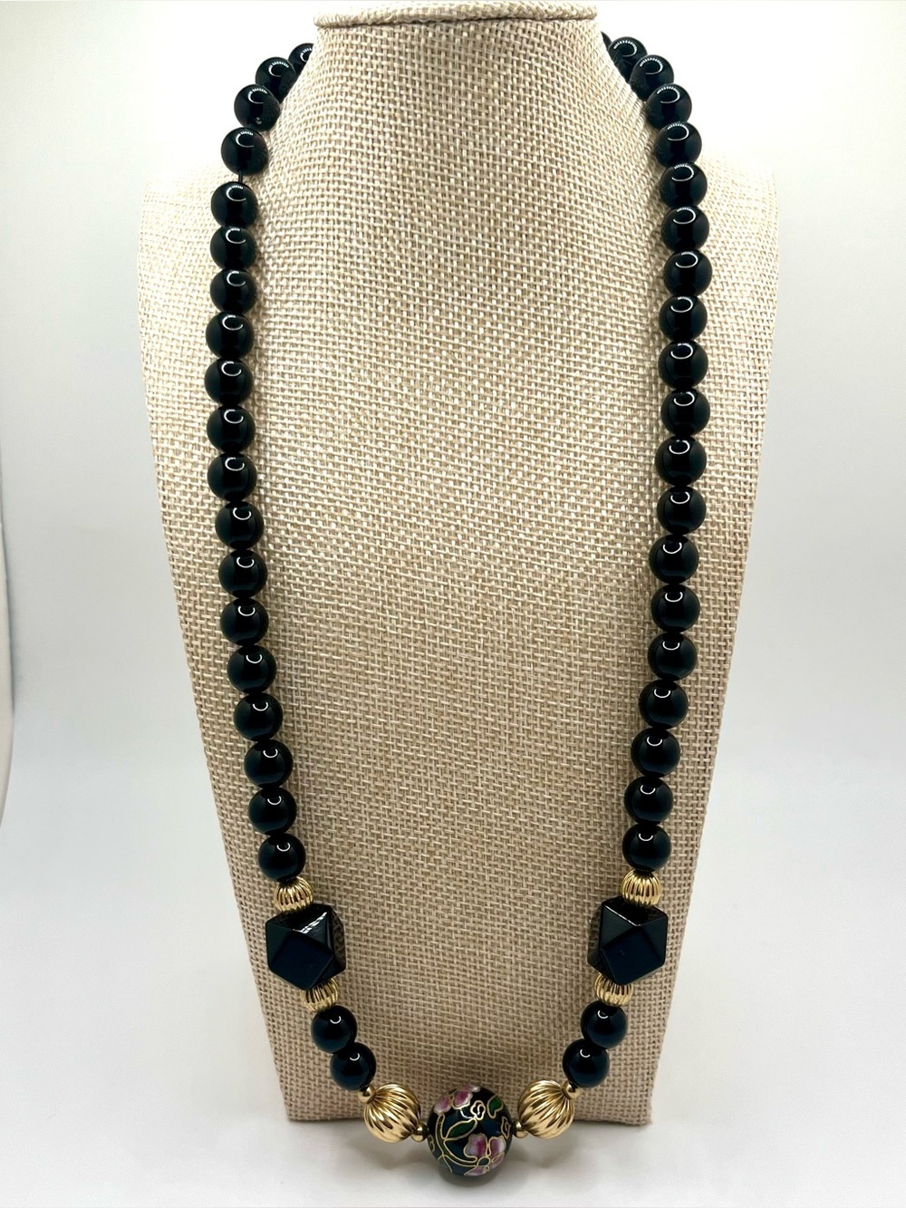 Vintage black bead necklace cloisonné focal bead gold tone accents